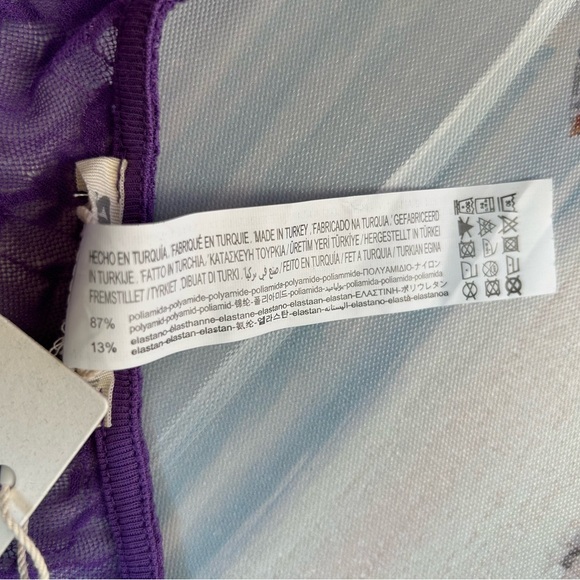 New STR Asymmetrical Fitted Purple Lace Crop Top Semi Sheer Stretchy Feminine - Picture 5 of 7